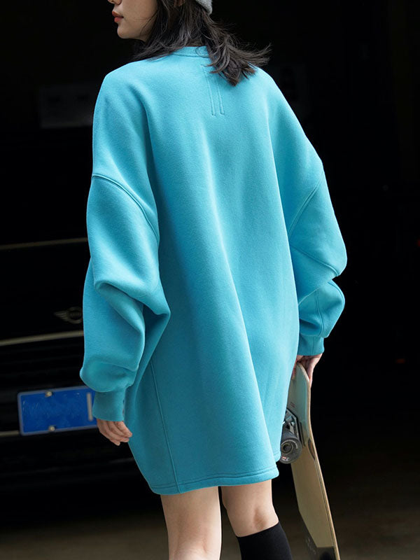 Casual Long Sleeves Loose Velvet Solid Color Round-Neck Sweatshirt Tops