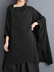 Buttoned Pockets Solid Color Zipper Batwing Sleeves Loose Mock Neck Sweatshirt Tops