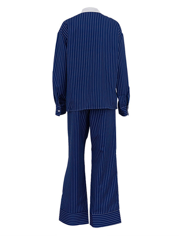 Striped Lapel Long Sleeves Loose Buttoned Pockets Split-Joint Blouses Tops + Pants Bottom Two Pieces Set