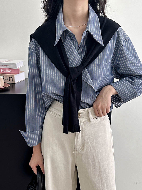 Asymmetric Split-Joint Striped Long Sleeves Loose Lapel Blouses