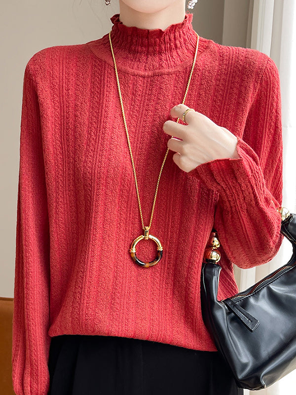 Elasticity Ruffle Trim Solid Color Long Sleeves Loose Mock Neck T-Shirts Tops