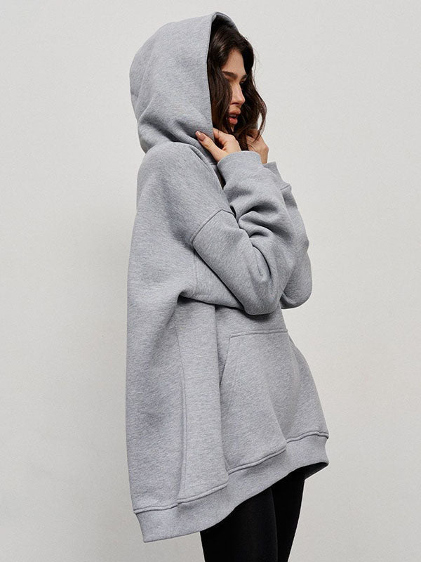 Pockets Solid Color Velvet Long Sleeves Loose Hooded Hoodies Tops