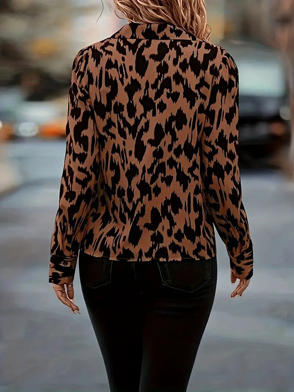 Printed Split-Joint Loose Puff Sleeves Lapel Blouses