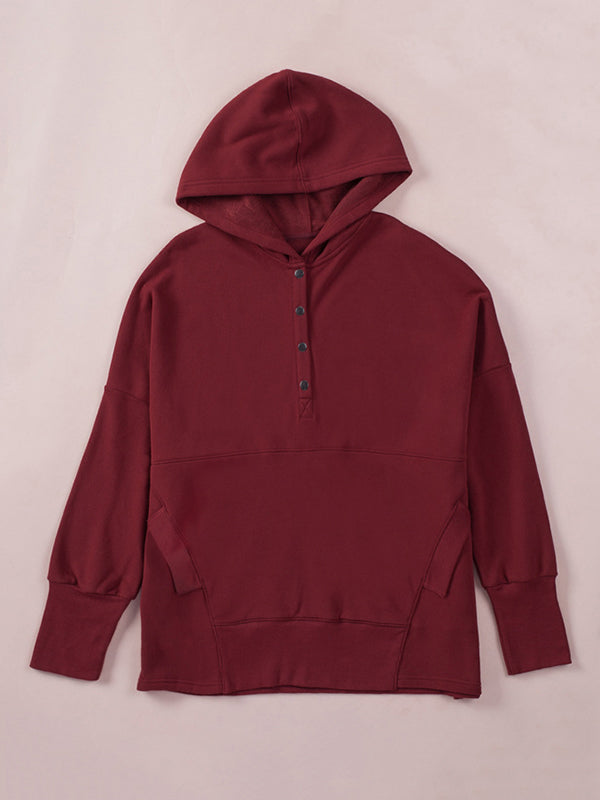 Buttoned Hooded Split-Joint Batwing Sleeves Long Sleeves V-Neck Hoodies Tops