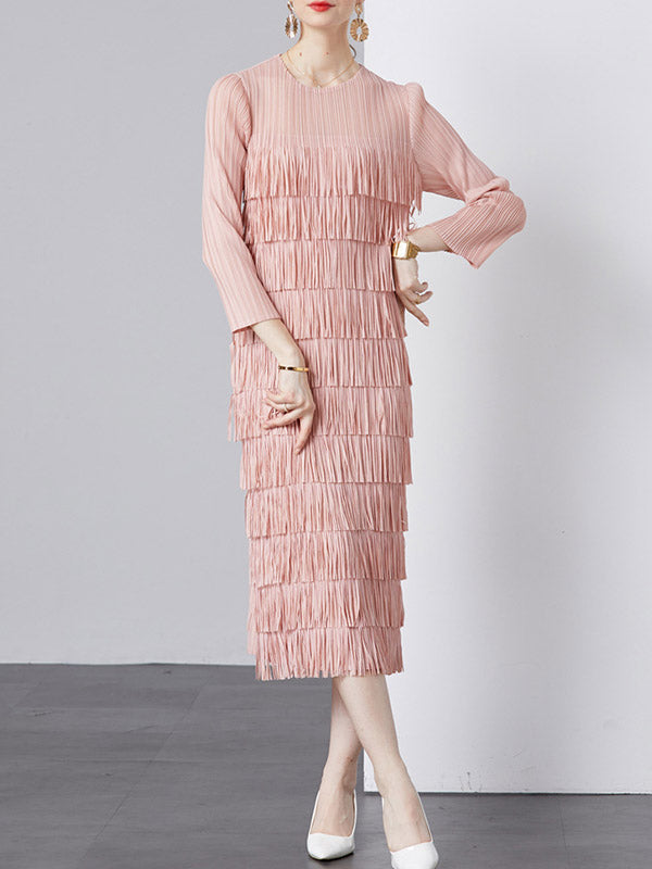 Pleated Solid Color Split-Joint Tasseled Long Sleeves Loose Round-Neck Midi Dresses