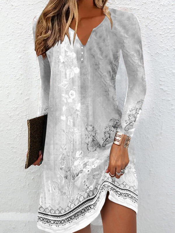 Long Sleeves Loose Floral Printed V-neck Maxi Dresses Mini Dresses