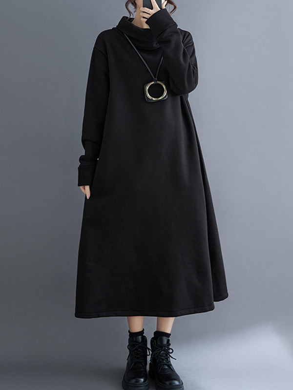 Pockets Solid Color Split-Side Velvet A-Line Long Sleeves High Neck Midi Dresses