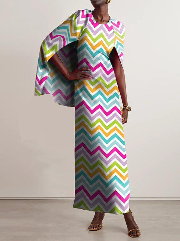 Printed Split-back Capelet Loose Round-neck Maxi Dresses