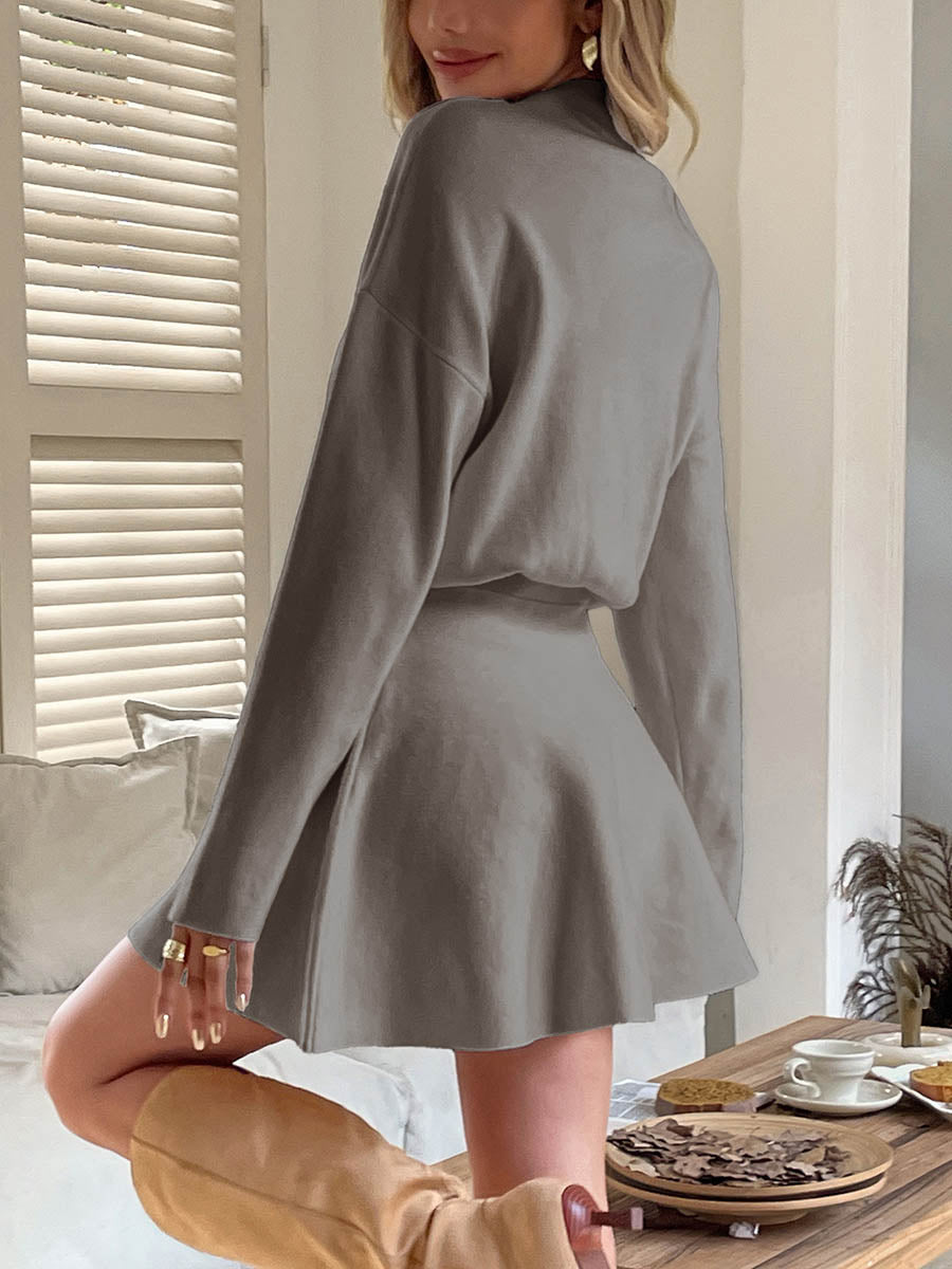 Elasticity Solid Color A-line High Waisted Round-neck Sweater Dresses Mini Dresses