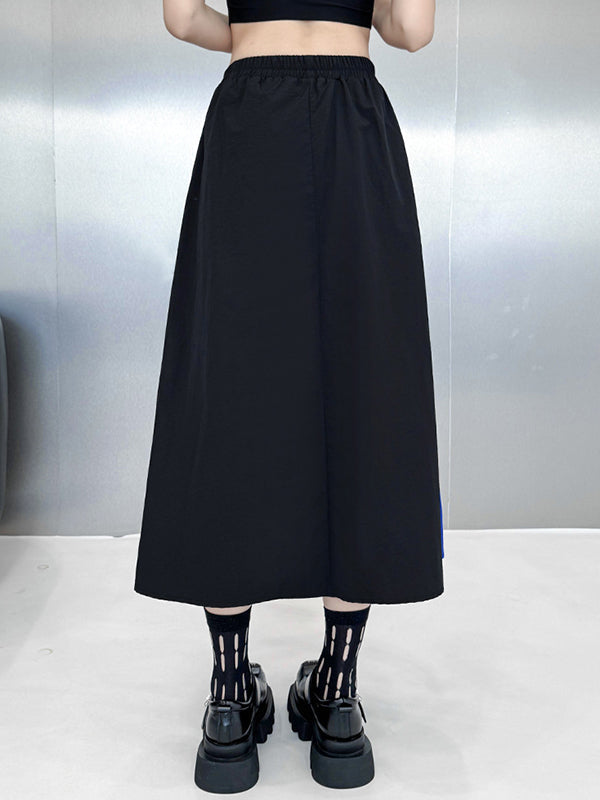 Asymmetric Contrast Color Split-Joint Lapel Blouses&Shirts Tops + A-Line Elasticated Waist Pockets Streamer Skirts Bottoms Two Pieces Set