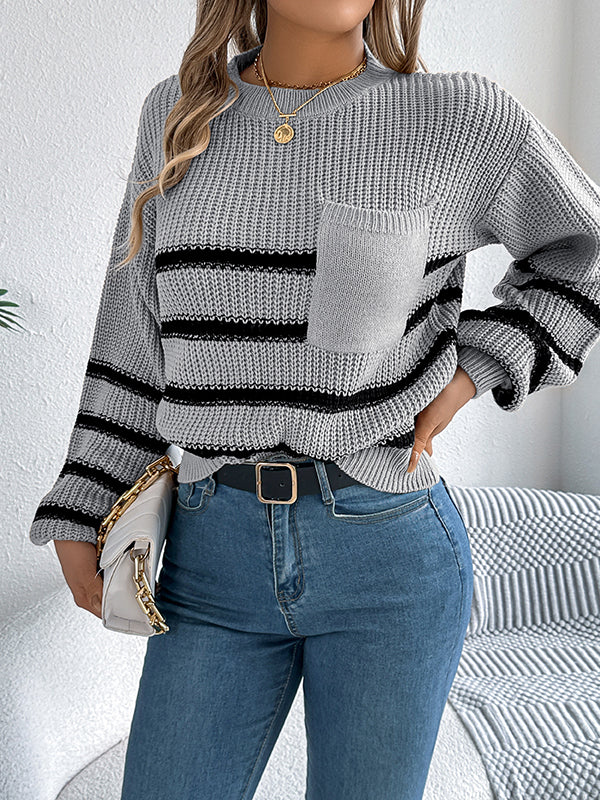 Contrast Color Pockets Split-Joint Long Sleeves Loose Round-Neck Sweater Tops Pullovers