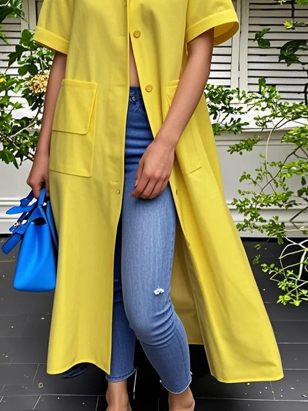 Buttoned Pockets Solid Color Loose Short Sleeves Stand Collar Outerwear Midi Dresses Blouses