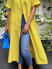 Buttoned Pockets Solid Color Loose Short Sleeves Stand Collar Outerwear Midi Dresses Blouses
