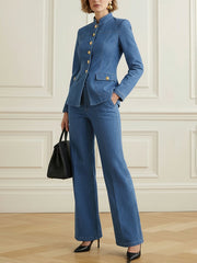 Pockets Solid Color High Waisted Jean Pants Bottoms