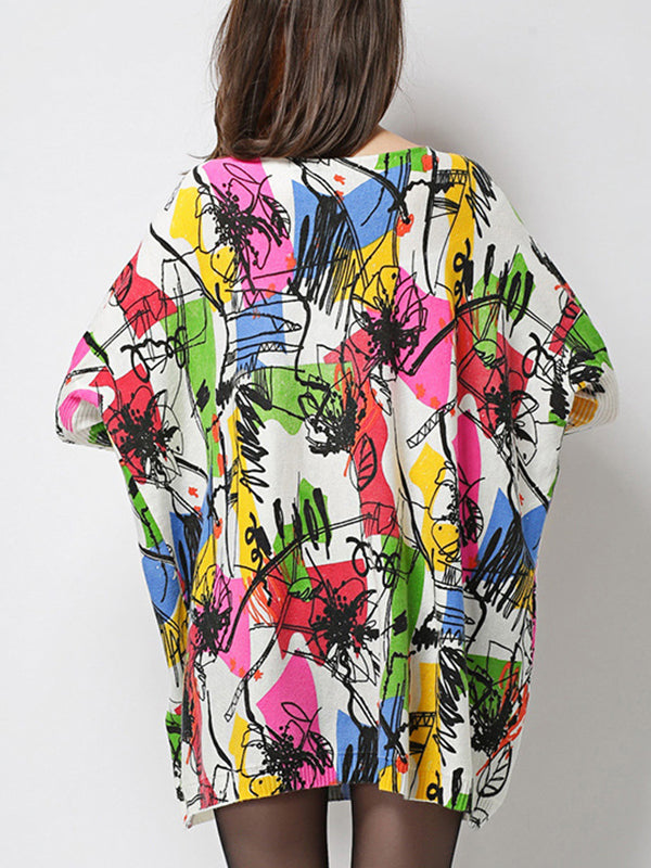 Printed Split-Joint Long Sleeves Loose Round-Neck Sweater Tops