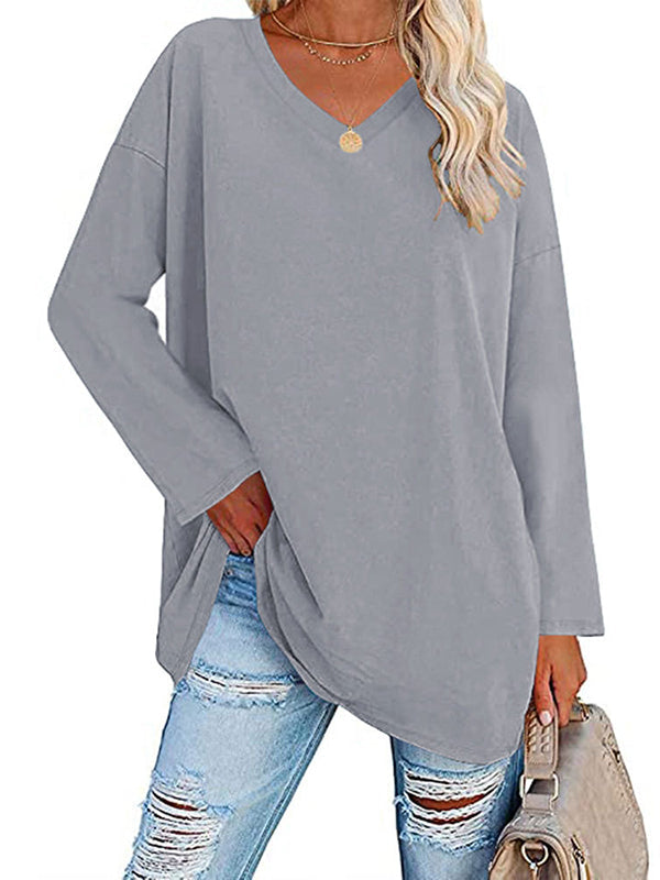 See-Through Solid Color Split-Joint Long Sleeves Loose V-neck T-shirts