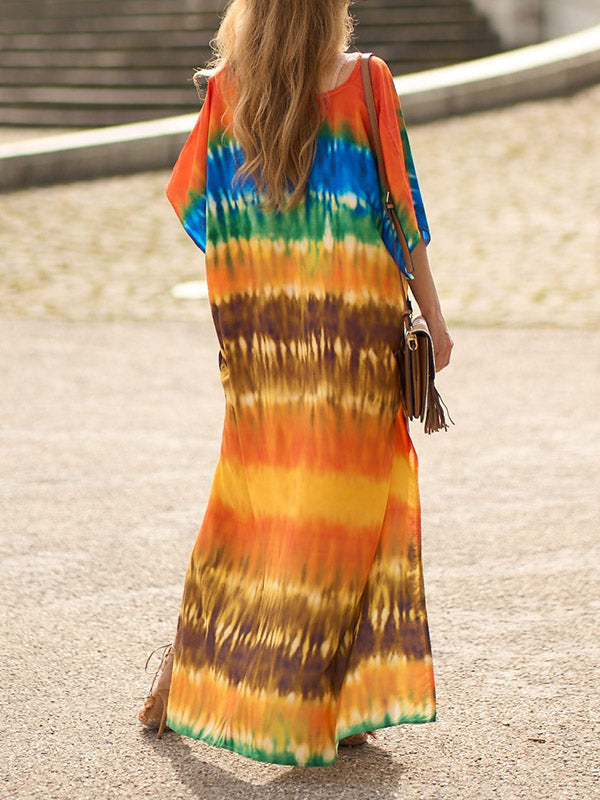 Split-Side Tie-Dyed Batwing Sleeves Loose V-Neck Maxi Dresses Beach Cover-Up