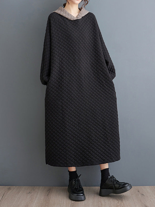 Hooded Quilted Split-Side A-Line Long Sleeves Midi Dresses