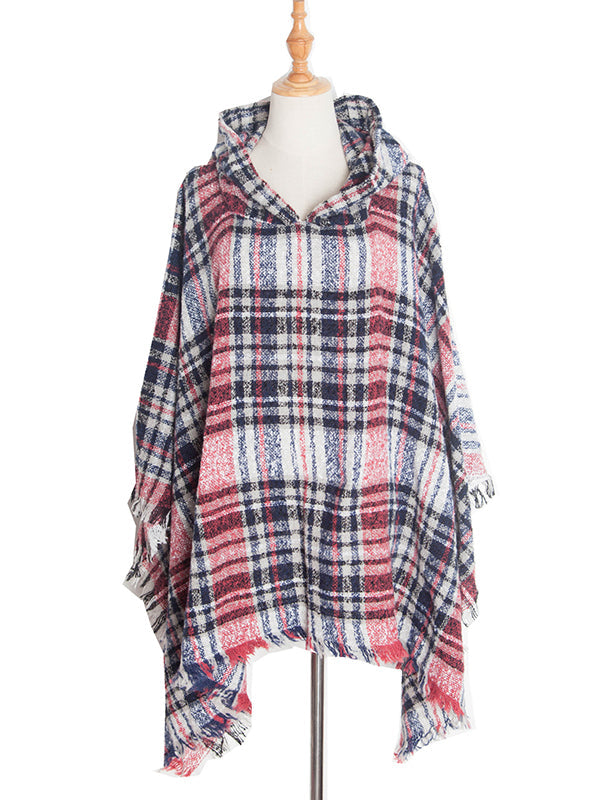 Fringed Hooded Keep Warm Plaid Shawl&Cloak Cape