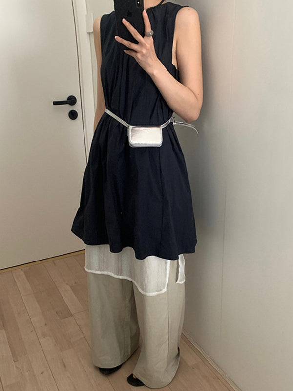 Pleated Solid Color Split-Joint Loose Sleeveless Round-Neck Mini Dresses