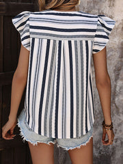 Pleated Split-Joint Striped Flying Sleeves Loose V-Neck Blouses&Shirts Tops