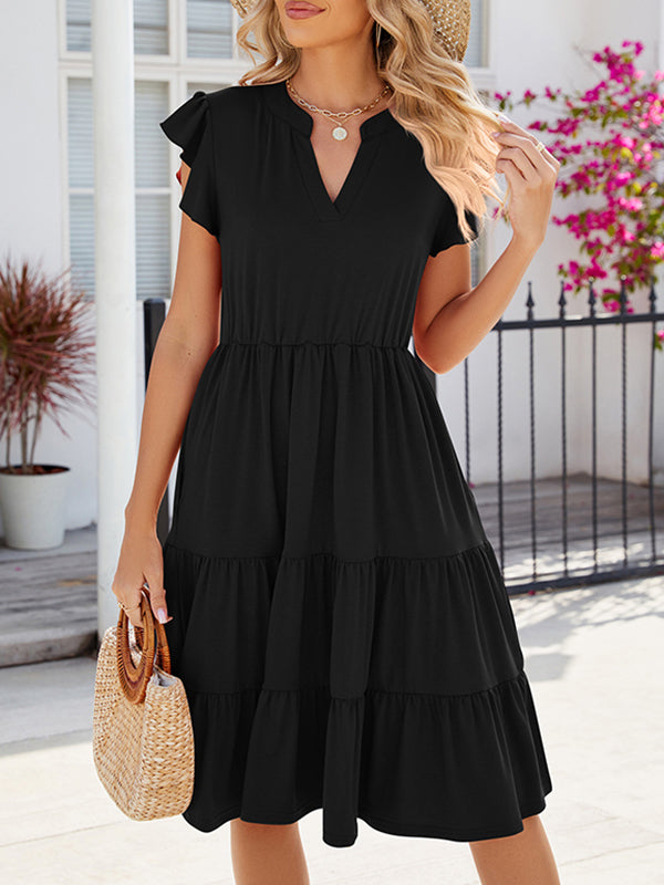 Pleated Pockets Solid Color Split-Joint Loose Ruffle Sleeves V-Neck Midi Dresses