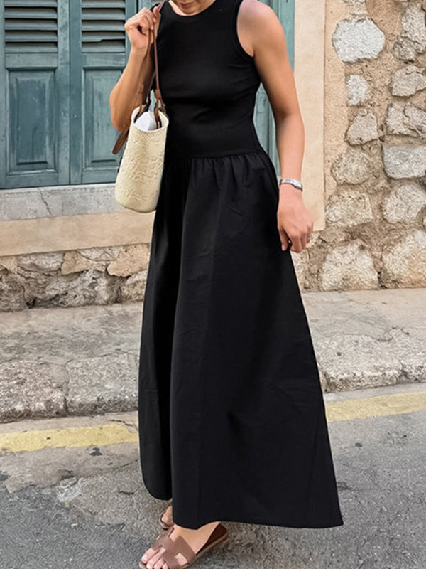 Solid Color Split-Joint A-Line Sleeveless Round-Neck Maxi Dresses