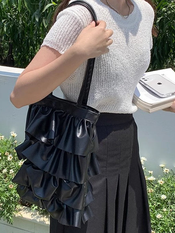Layered Pleated Pockets Solid Color Zipper Handbags