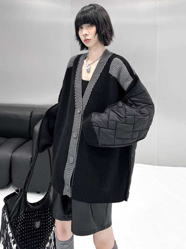 Buttoned Contrast Color Reversible Split-Joint Long Sleeves Loose Collarless Outerwear Cardigan Tops