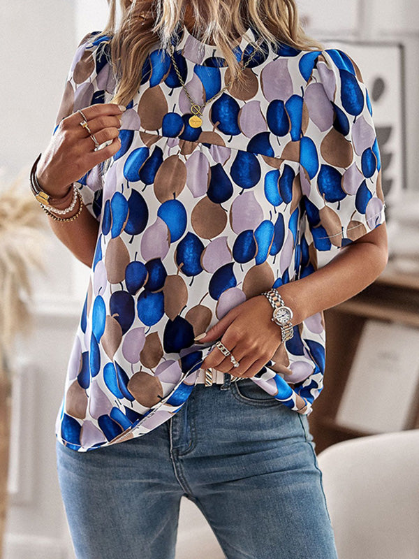 Leaves Print Split-Joint Loose Short Sleeves Mock Neck T-Shirts Tops