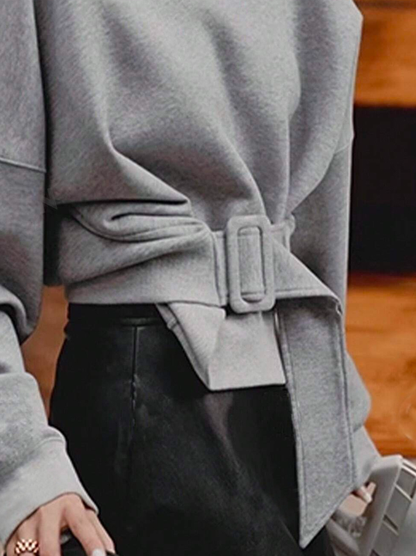 Belt Buckle Solid Color Long Sleeves Loose Round-Neck Sweatshirt Tops