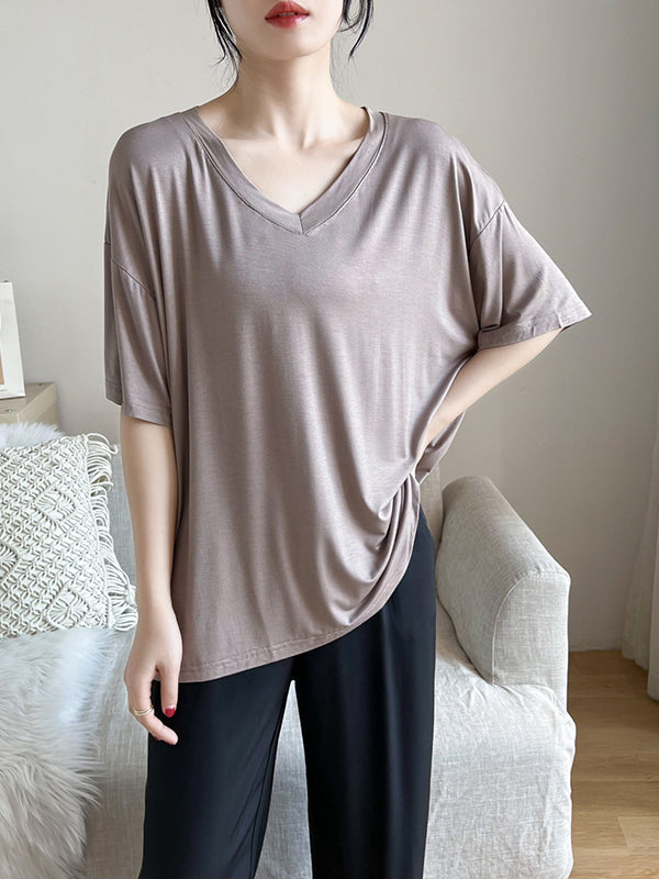 Solid Color Split-Joint Loose Short Sleeves V-neck T-Shirts Tops