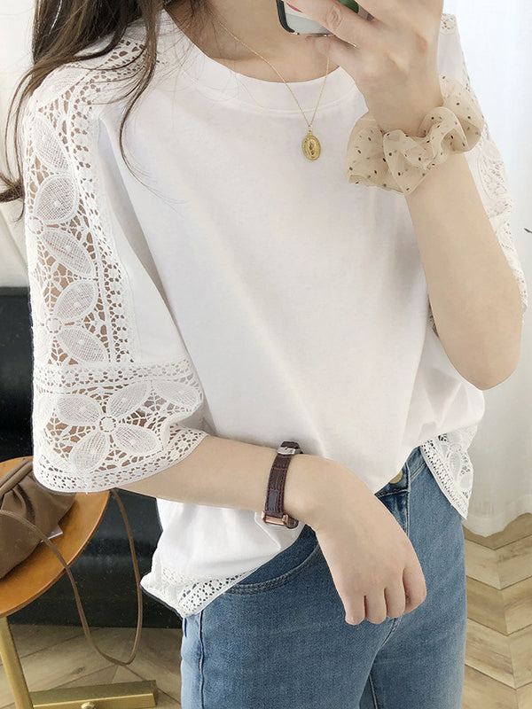 Hollow Solid Color Split-Joint Half Sleeves Loose Round-Neck T-Shirts Tops