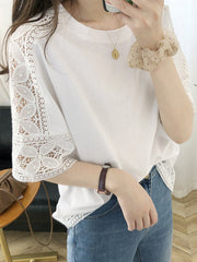 Hollow Solid Color Split-Joint Half Sleeves Loose Round-Neck T-Shirts Tops
