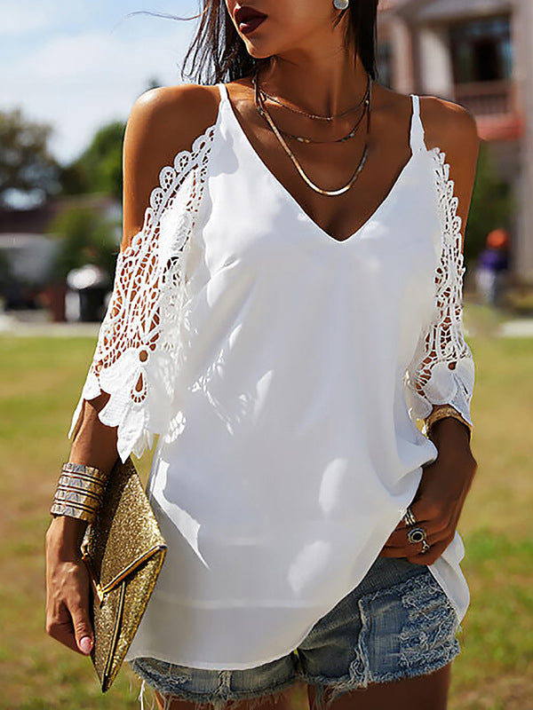Hollow Solid Color Split-Joint Half Sleeves Loose Cold Shoulder T-Shirts Tops