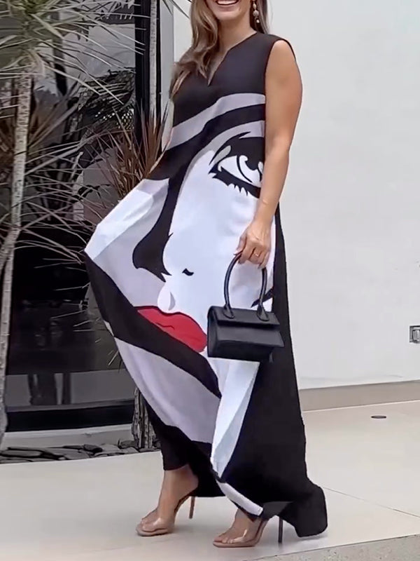 Figure Printed Loose Sleeveless V-neck Maxi Dresses