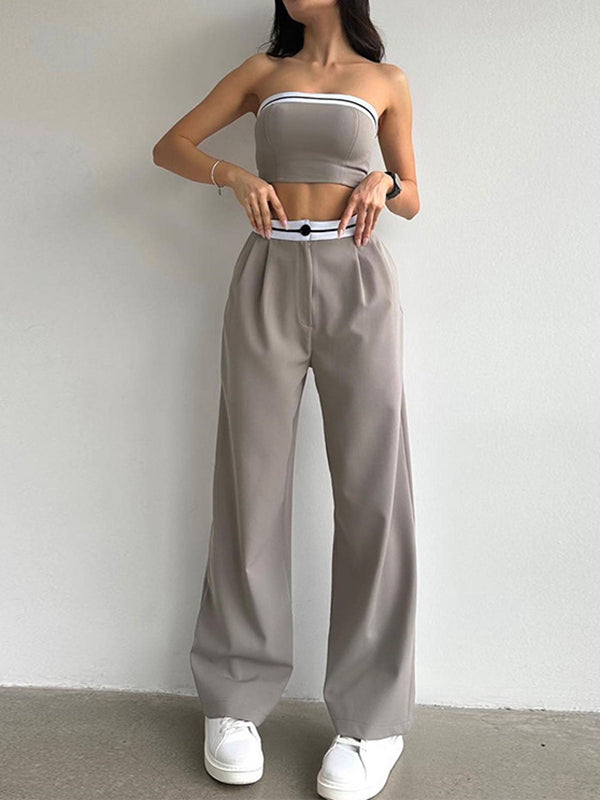 Sleeveless Contrast Color Tube Tube Top + High Waisted Buttoned Pleated Pants Bottom Two Pieces Set