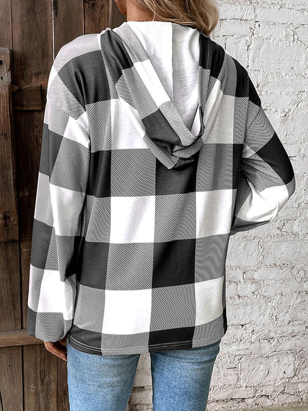 Buttoned Elasticity Plaid Split-Joint Long Sleeves Loose Hoodies Tops