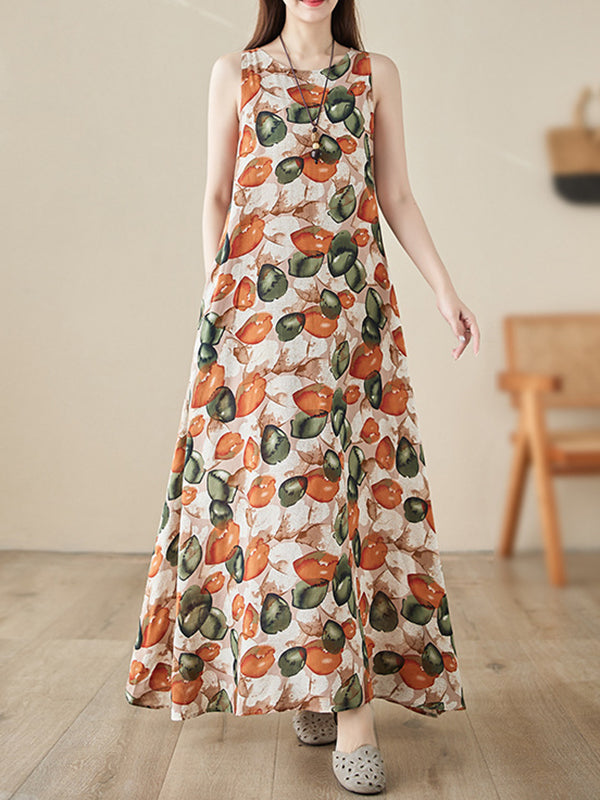 Printed Loose Sleeveless Round-Neck Midi Dresses