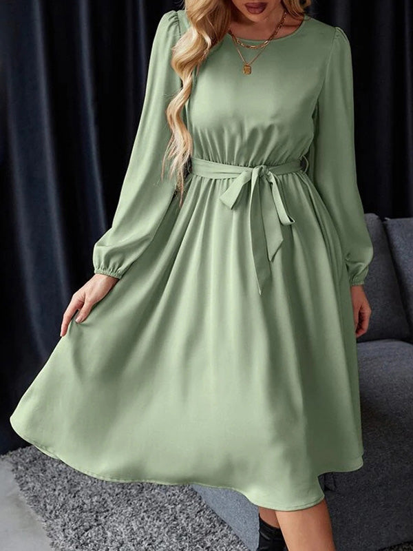 Elasticity Pleated Solid Color Split-Joint Tied Waist Loose Puff Sleeves Round-neck Midi Dresses