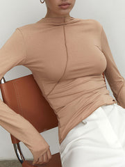 Asymmetric Solid Color Long Sleeves Skinny Mock Neck T-Shirts Tops