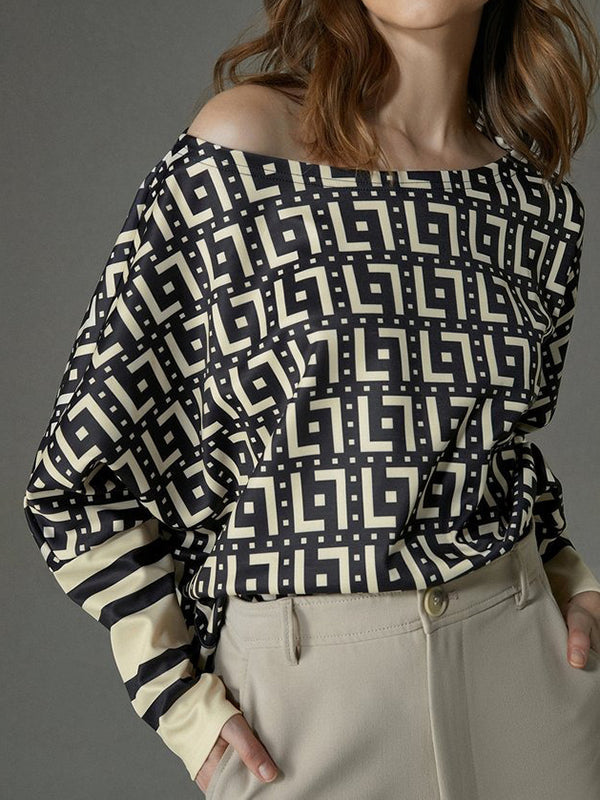 Printed Split-Joint Batwing Sleeves Loose One-shoulder T-shirts