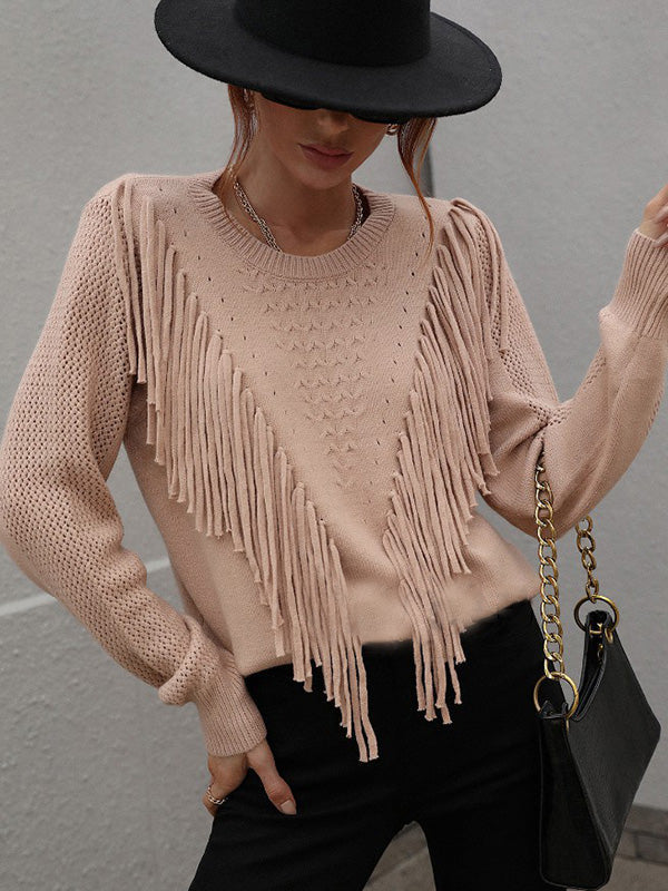 Original Long Sleeves Loose Tasseled Solid Color Round-Neck Sweater Tops