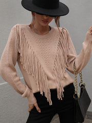 Original Long Sleeves Loose Tasseled Solid Color Round-Neck Sweater Tops
