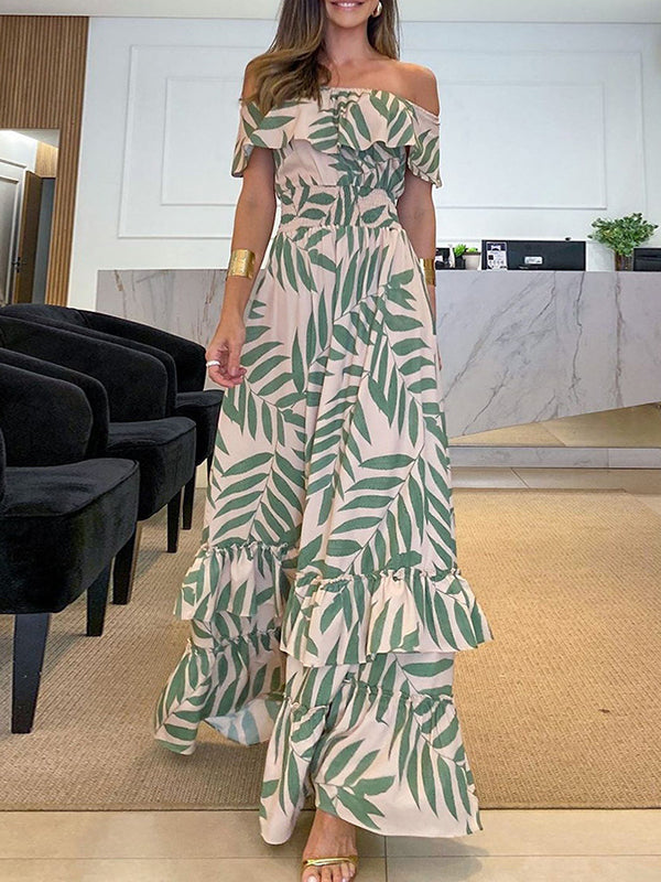 Elasticity Falbala Leaf Printed Loose Short Sleeves Off-The-Shoulder Maxi Dresses