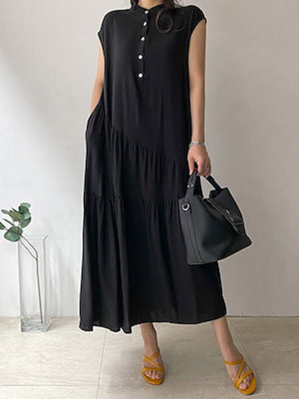 Buttoned Pleated Ruffled Solid Color Split-Joint Tiered A-Line Loose Stand Collar Midi Dresses
