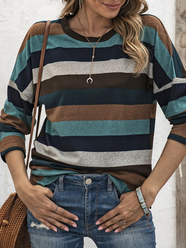 Split-side Striped Long Sleeves Loose Round-neck Sweatshirt Tops