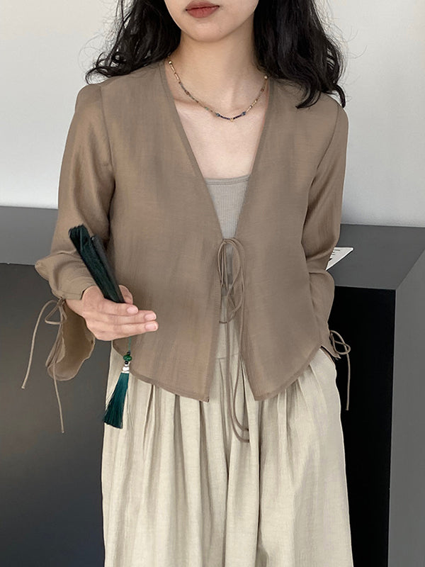 Long Sleeves Lace-Up See-Through Solid Color Blouses&Shirts Tops