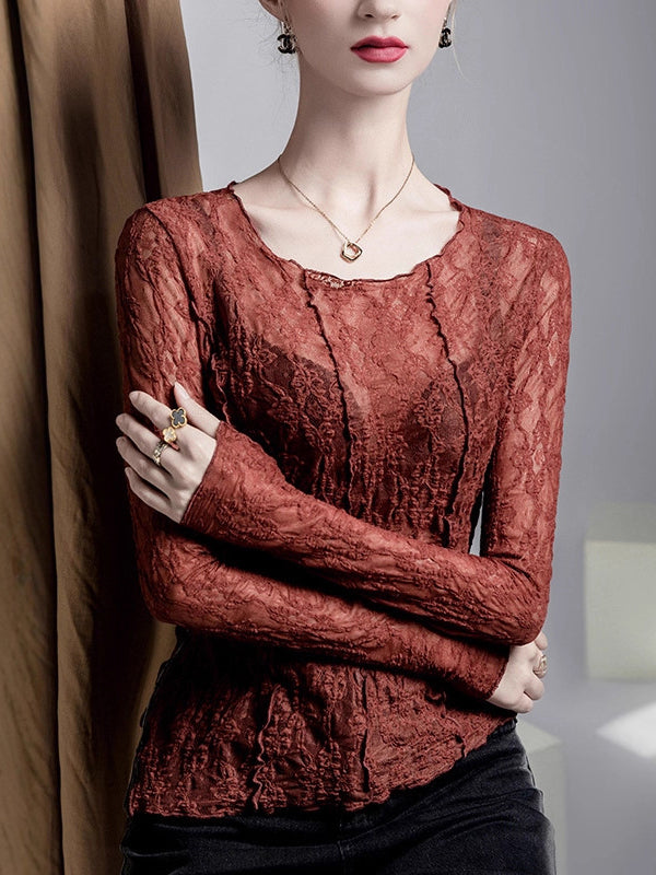 See-Through Split-Joint Textured Irregularity Long Sleeves Round-Neck T-Shirts Tops