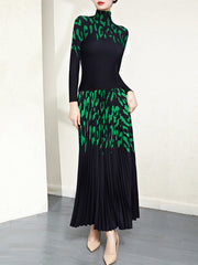 Printed Long Sleeves Mock Neck T-Shirt Top + Pleated A-Line Skirts Bottom Two Pieces Set